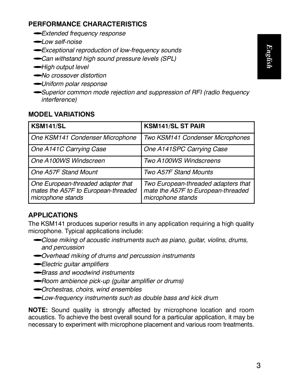 Shure KSM141 manual Performance Characteristics, Model Variations, Applications 