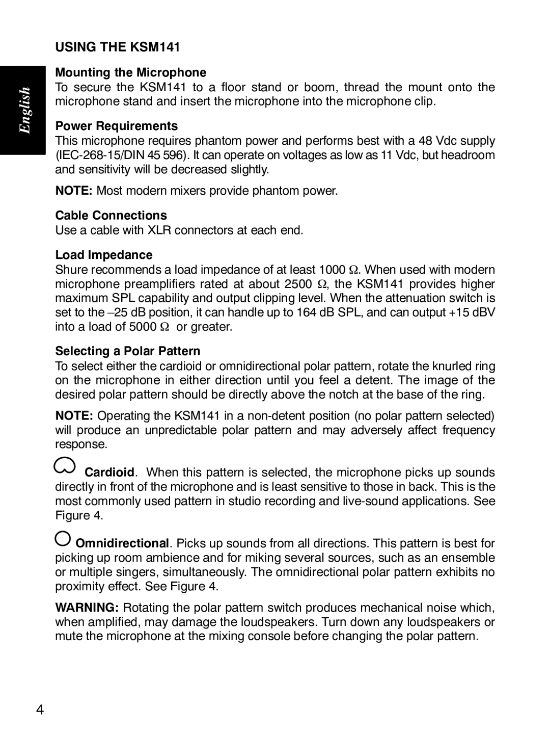 Shure manual Using the KSM141, Mounting the Microphone 