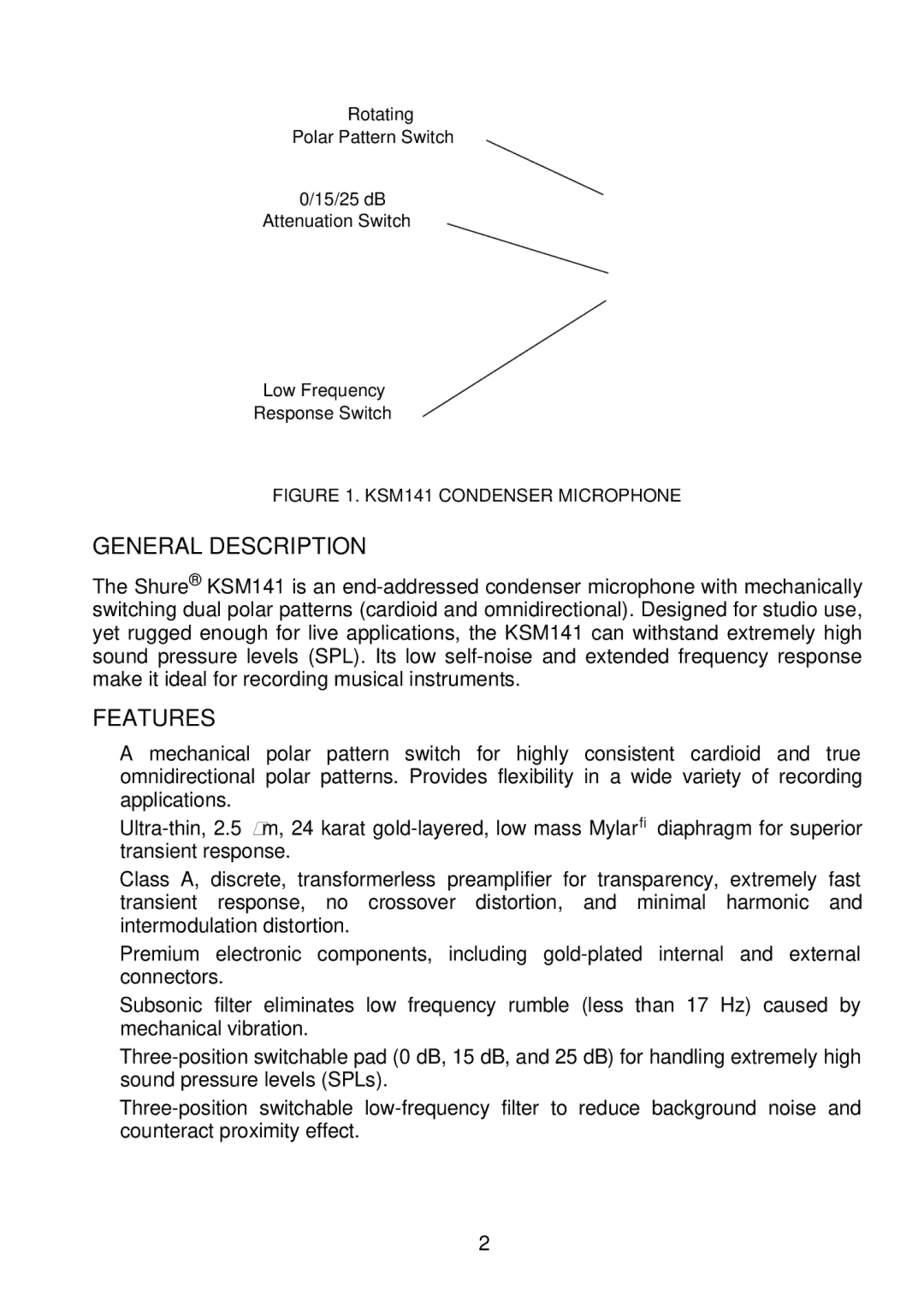 Shure KSM141 manual General Description, Features 