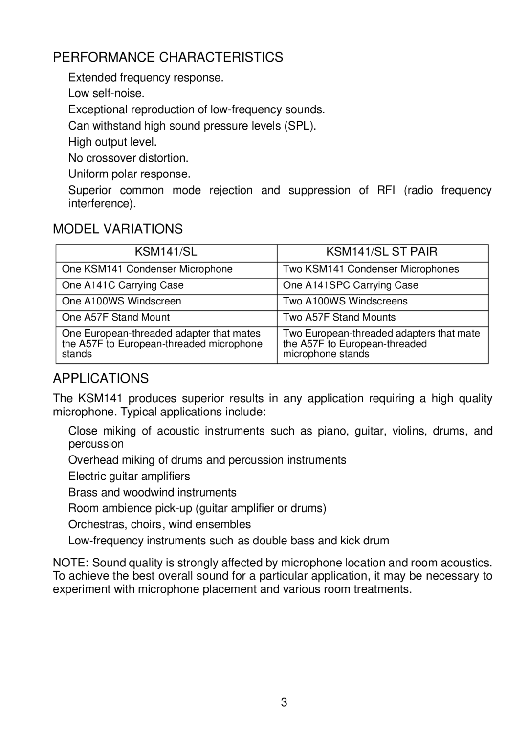 Shure KSM141 manual Performance Characteristics, Model Variations, Applications 