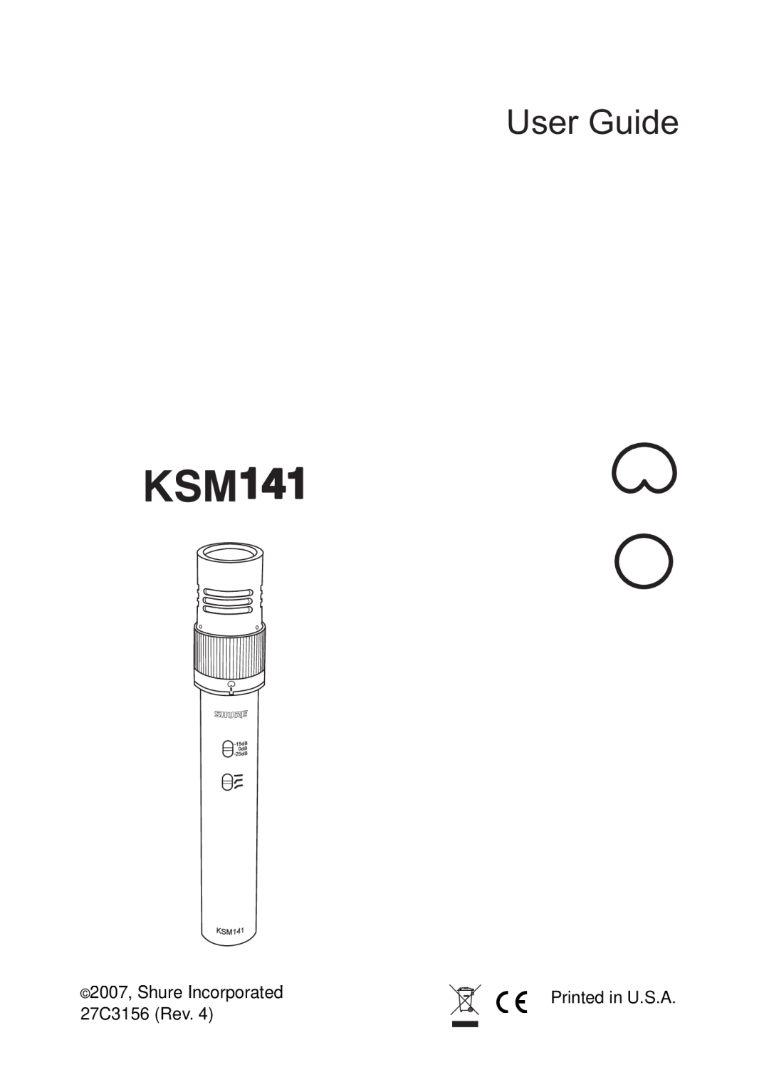 Shure KSM141 manual User Guide, E2003, Shure Incorporated, 27B3156 CE 