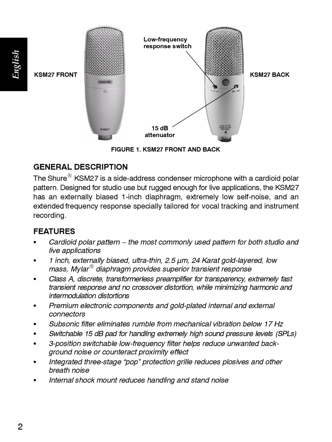 Shure KSM27 manual General Description, Features 