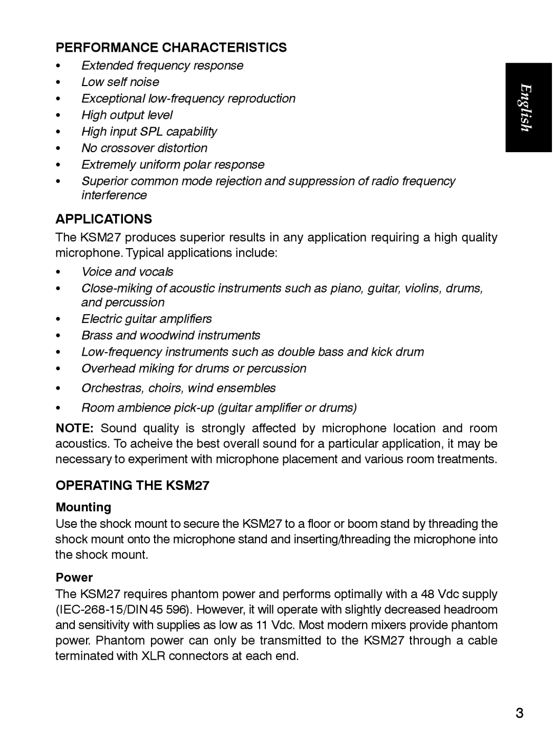 Shure manual Performance Characteristics, Applications, Operating the KSM27, Mounting, Power 