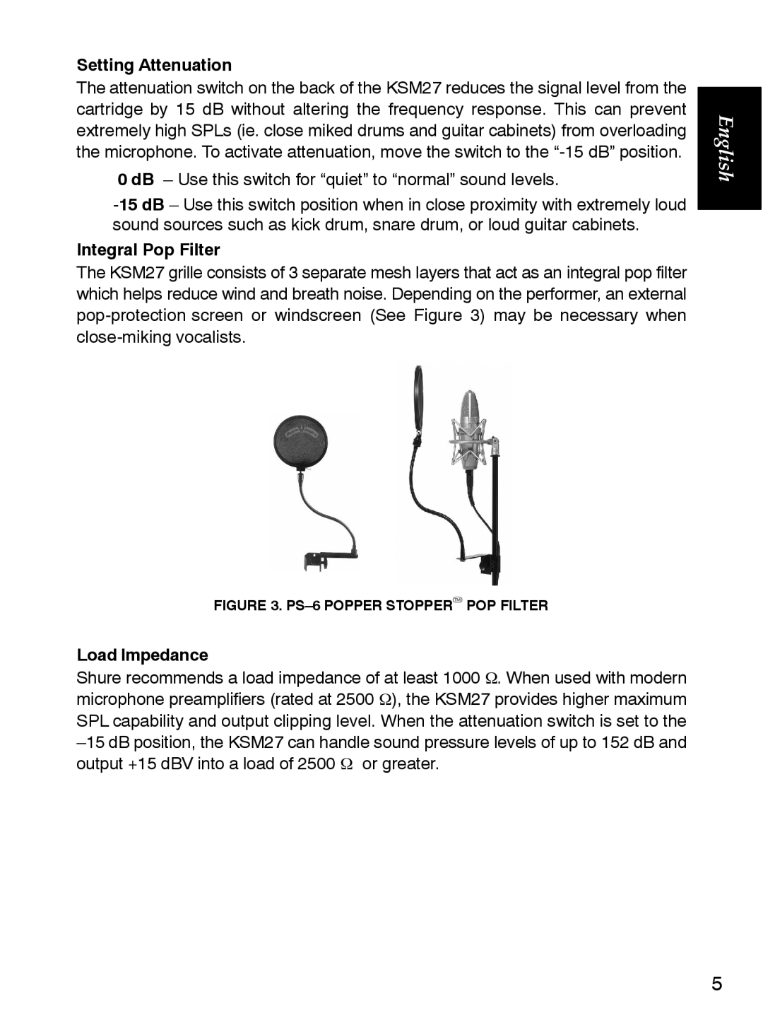 Shure KSM27 manual Setting Attenuation, Integral Pop Filter, Load Impedance 