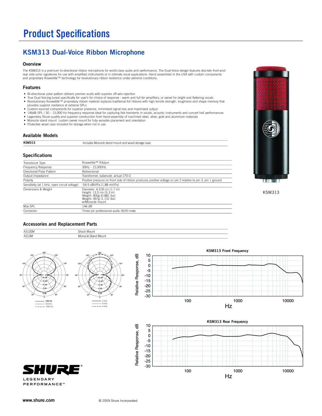 Shure ksm313 specifications Product Specifications, KSM313 Dual-Voice Ribbon Microphone 