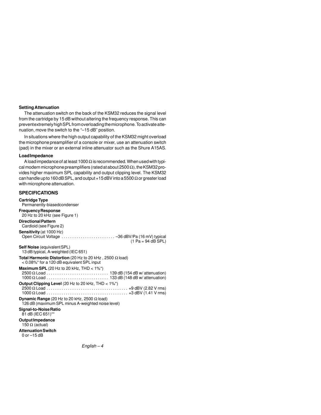 Shure KSM32 manual Specifications 