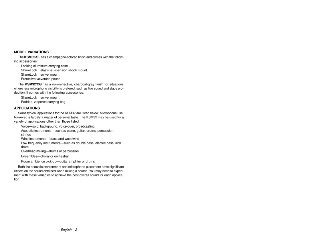 Shure KSM32 manual Model Variations, Applications 