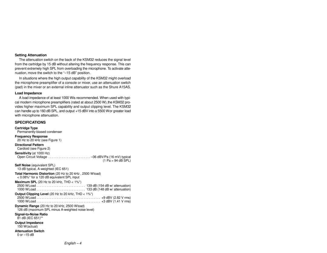 Shure KSM32 manual Specifications 