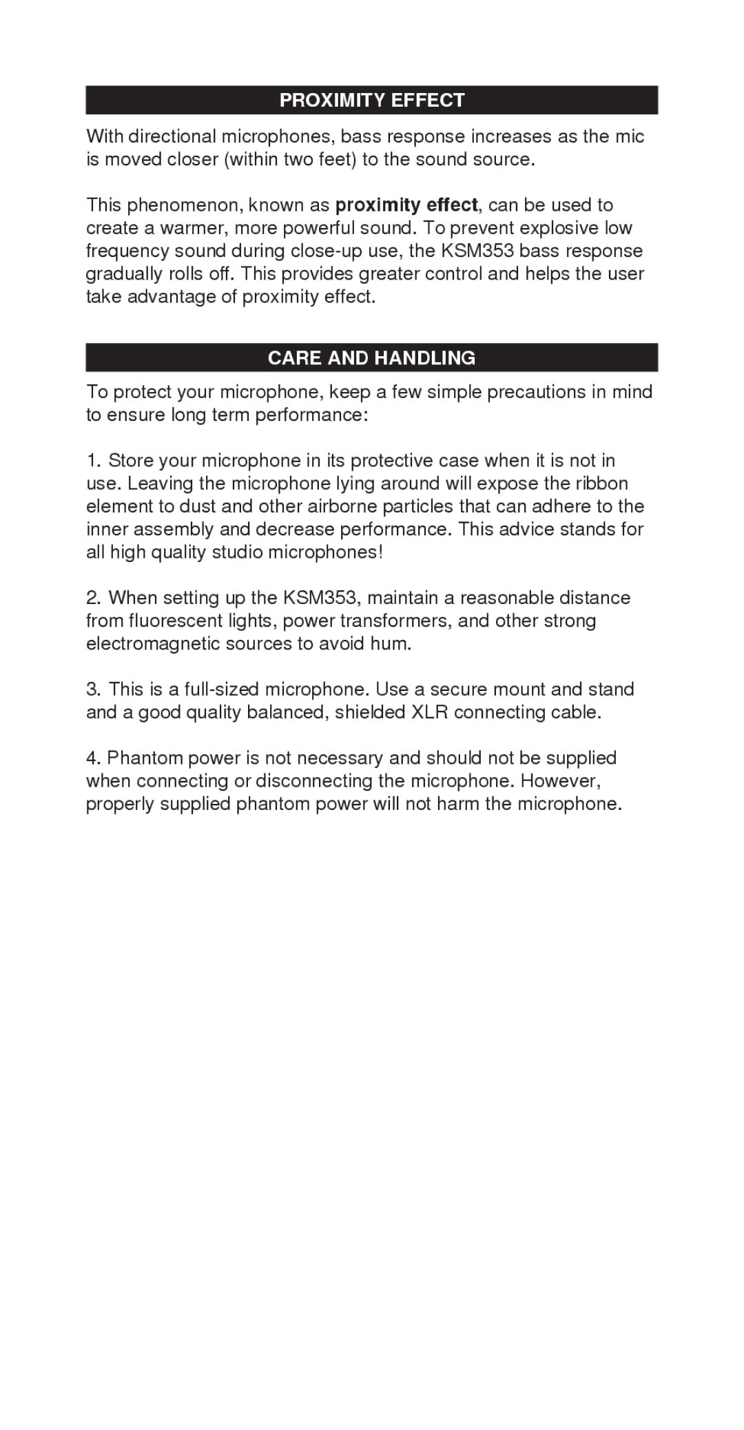 Shure KSM353 manual Proximity Effect, Care and Handling 