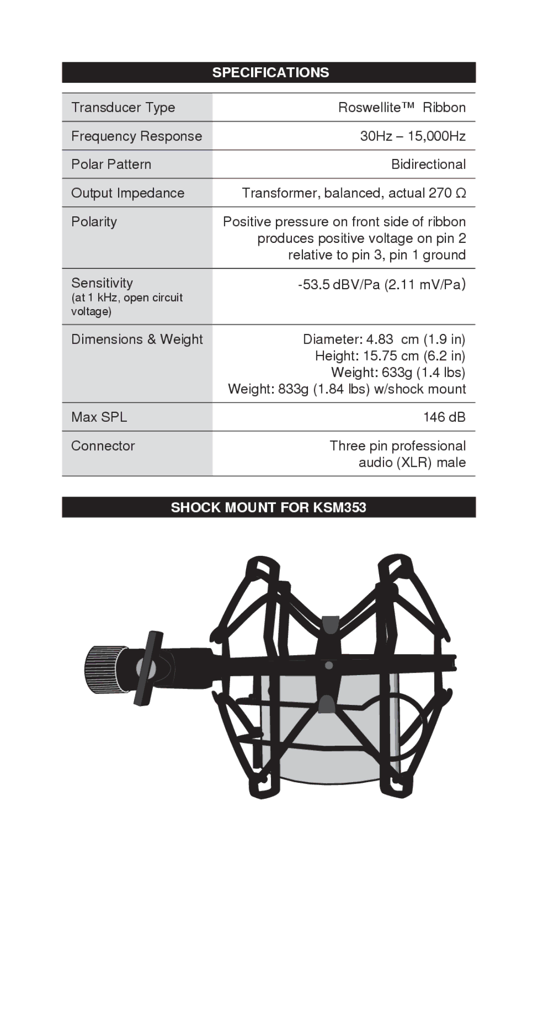 Shure manual Specifications, Shock Mount for KSM353 