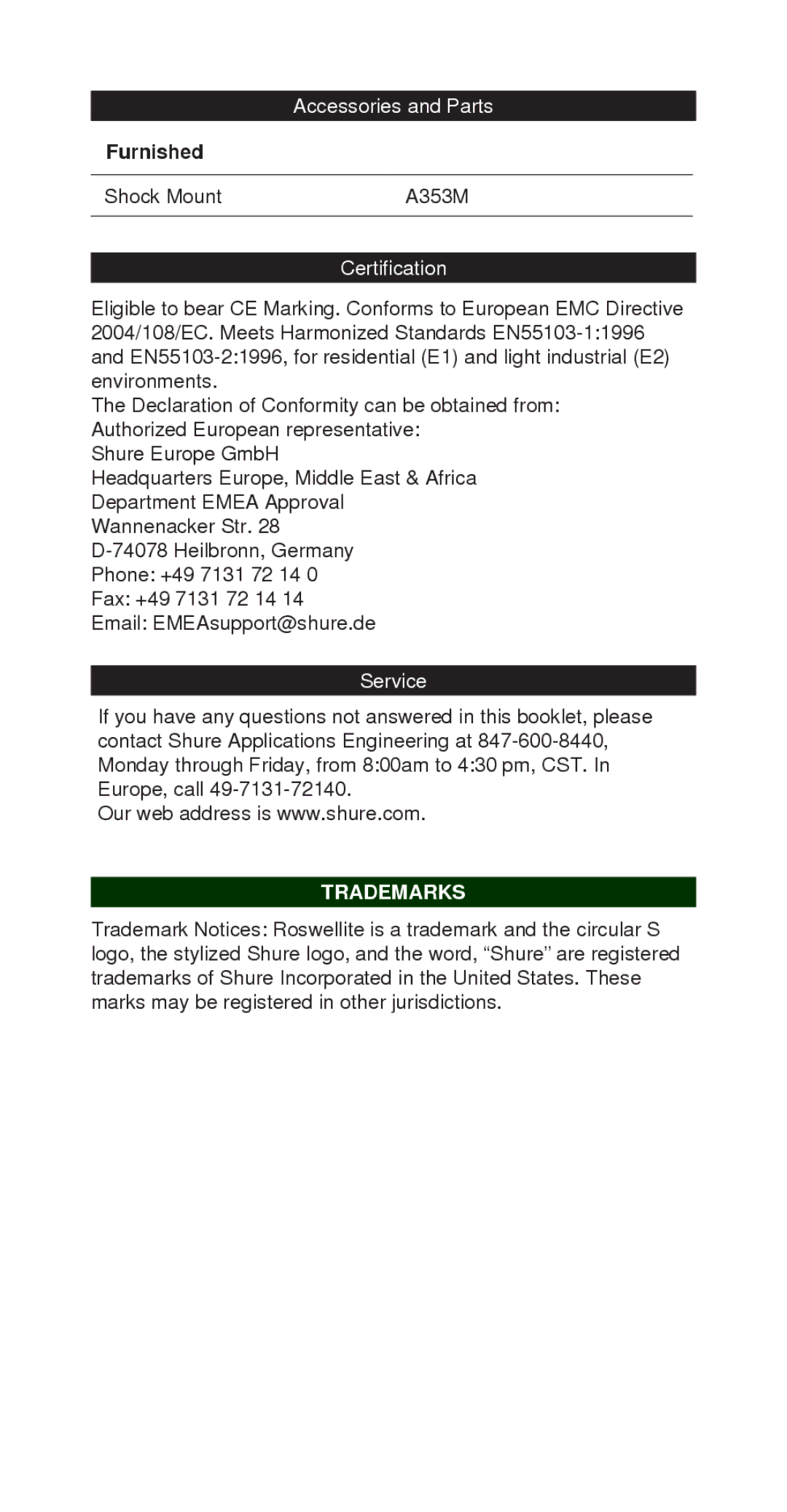 Shure KSM353 manual Furnished, Trademarks 