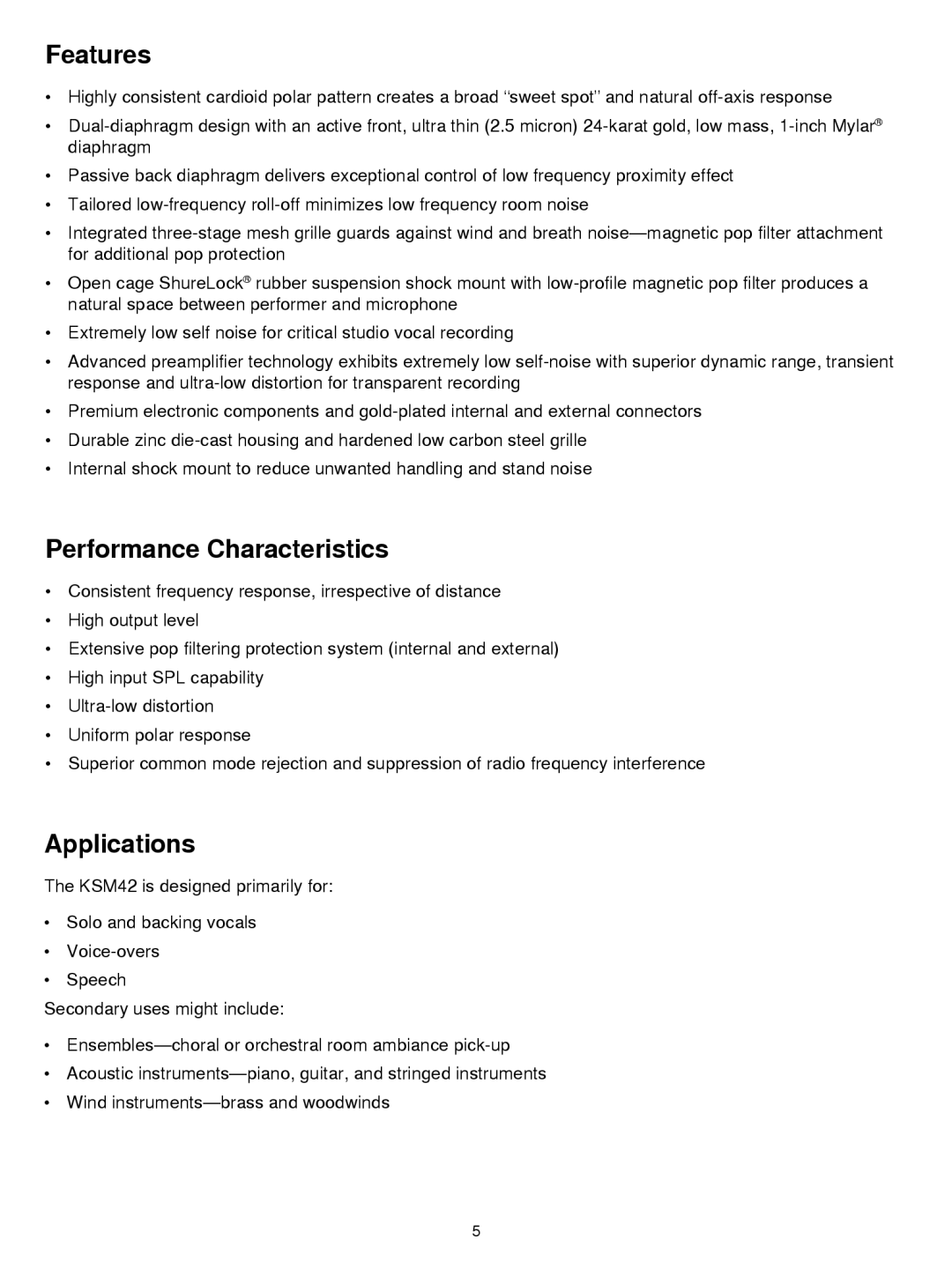 Shure KSM42 manual Features, Performance Characteristics, Applications 