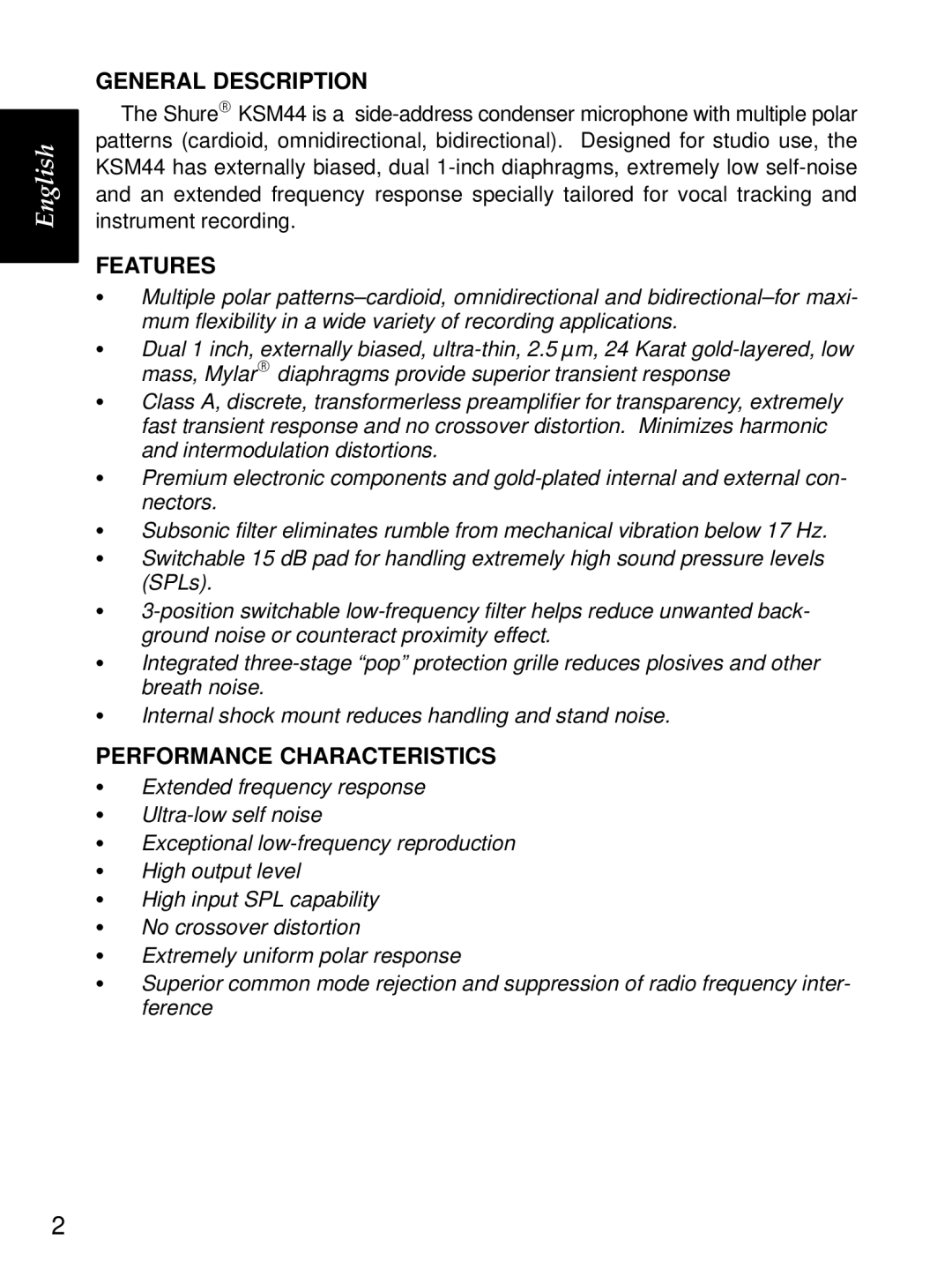 Shure KSM44 manual General Description, Features, Performance Characteristics 