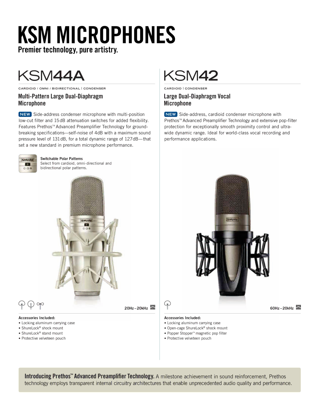 Shure KSM44A manual KSM42, Switchable Polar Patterns, 20Hz -20kHz, Accessories Included 