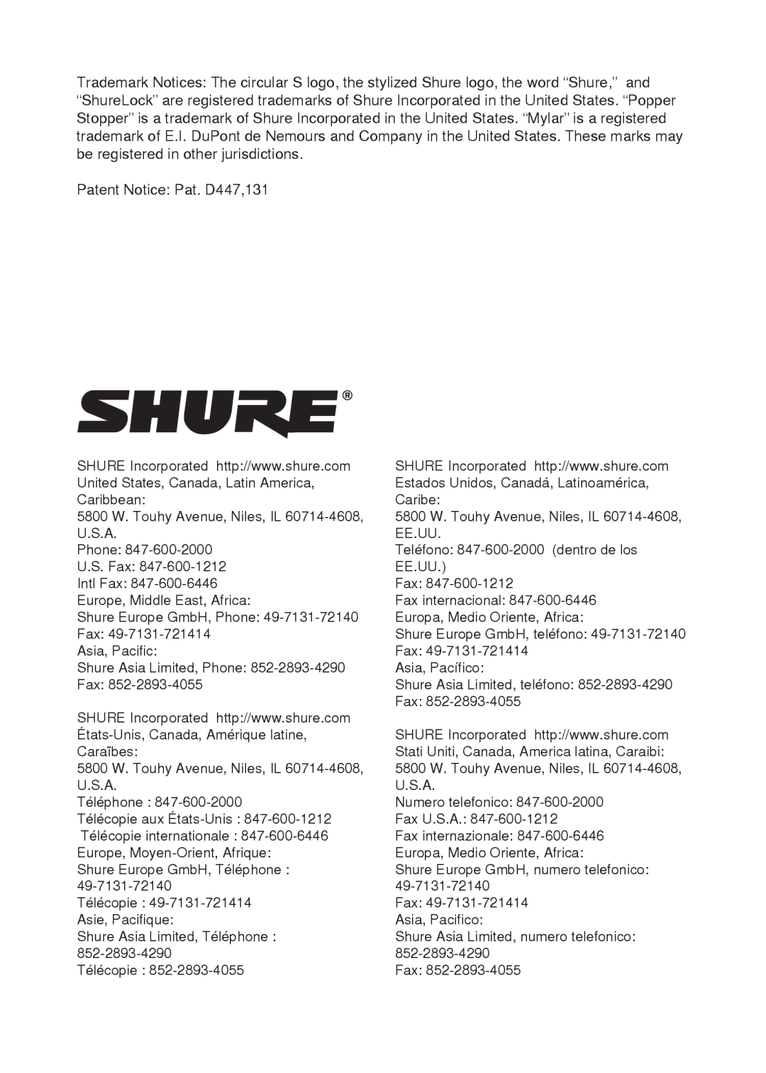 Shure KSM44A manual Intl Fax 847-600-6446 Europe, Middle East, Africa 