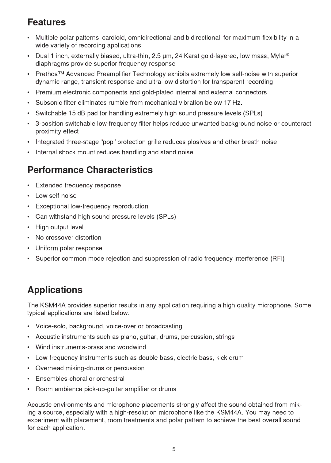 Shure KSM44A manual Features, Performance Characteristics, Applications 