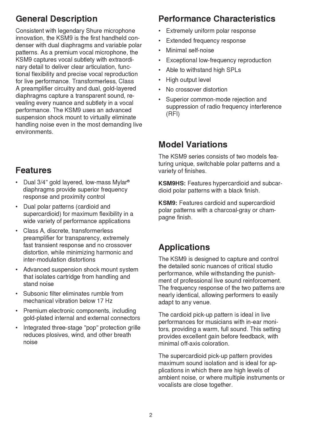 Shure KSM9 manual General Description, Features, Performance Characteristics, Model Variations, Applications 