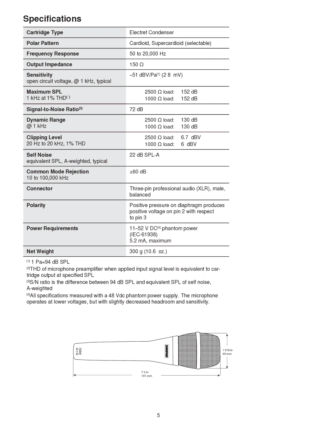 Shure KSM9 manual Specifications, Net Weight 