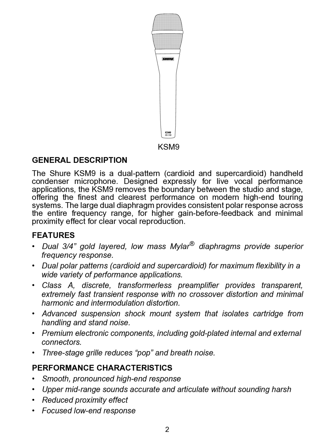 Shure KSM9 manual General Description, Features, Performance Characteristics 