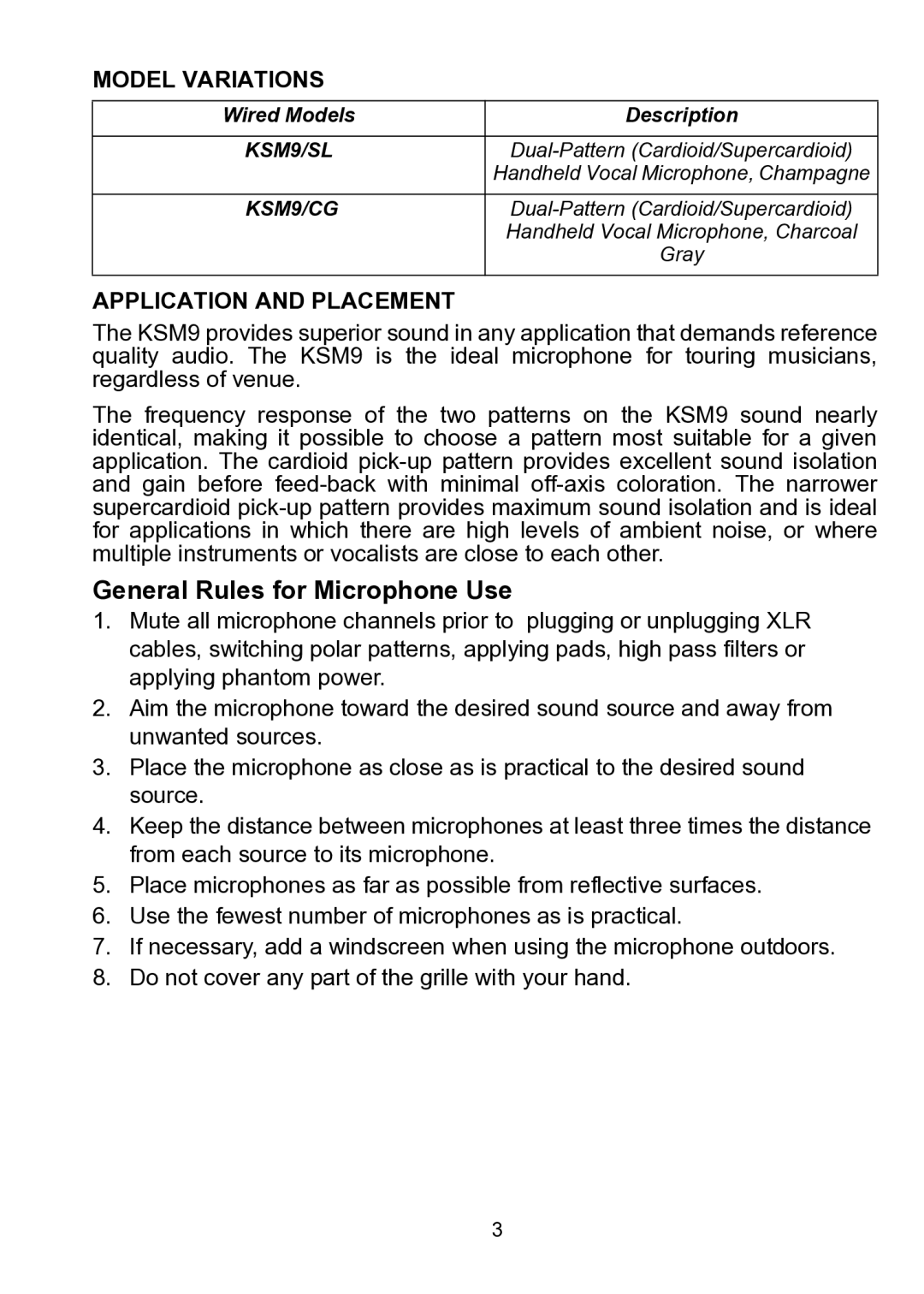 Shure KSM9 manual Model Variations, Application and Placement 