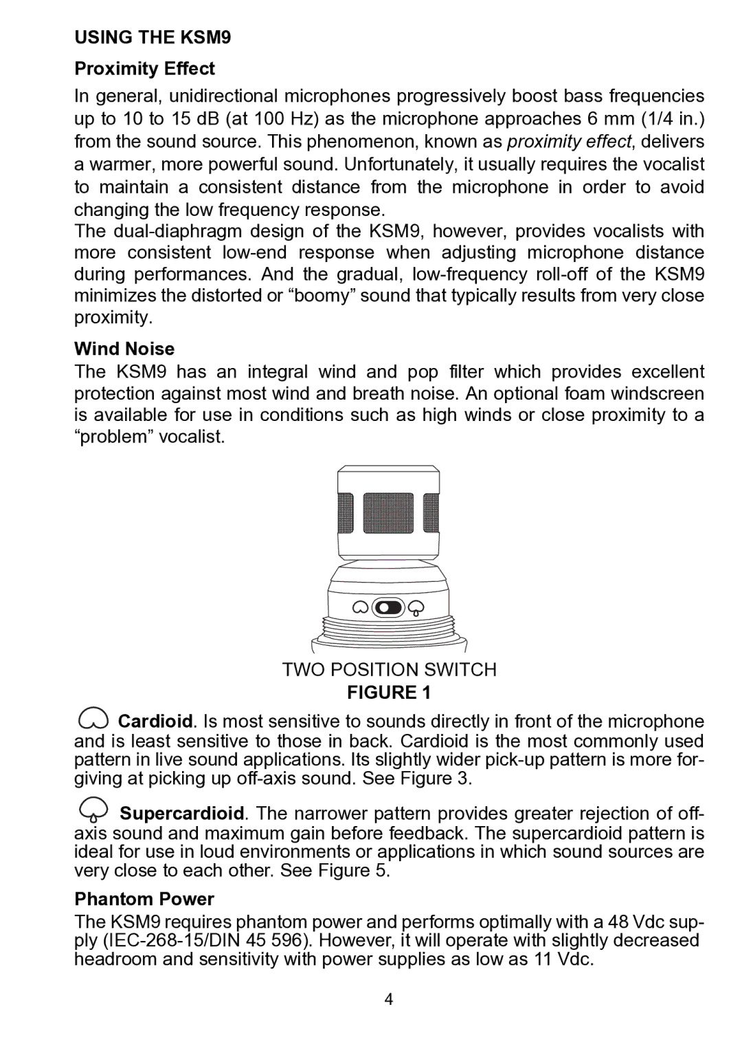 Shure manual Using the KSM9, Proximity Effect, Wind Noise, Phantom Power 