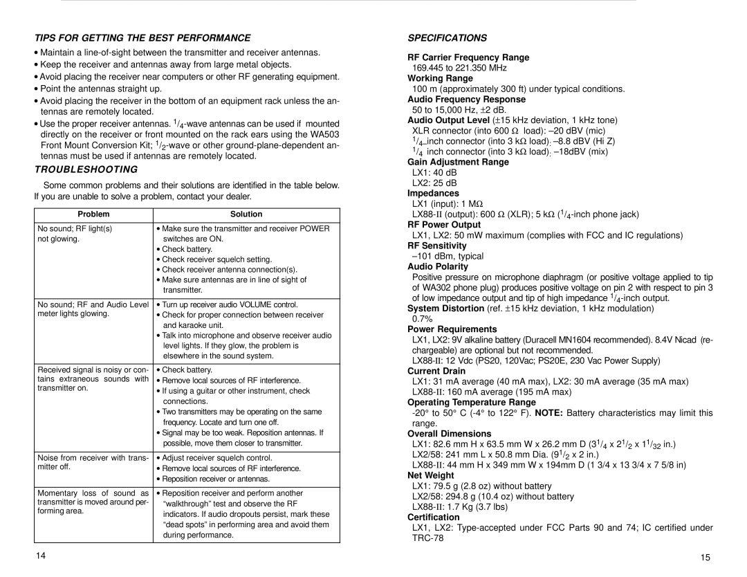 Shure LX88-II manual Tips for Getting the Best Performance, Troubleshooting, Specifications 