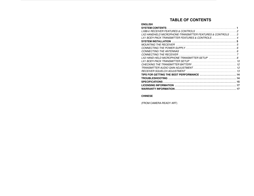 Shure LX88-II manual Table of Contents 