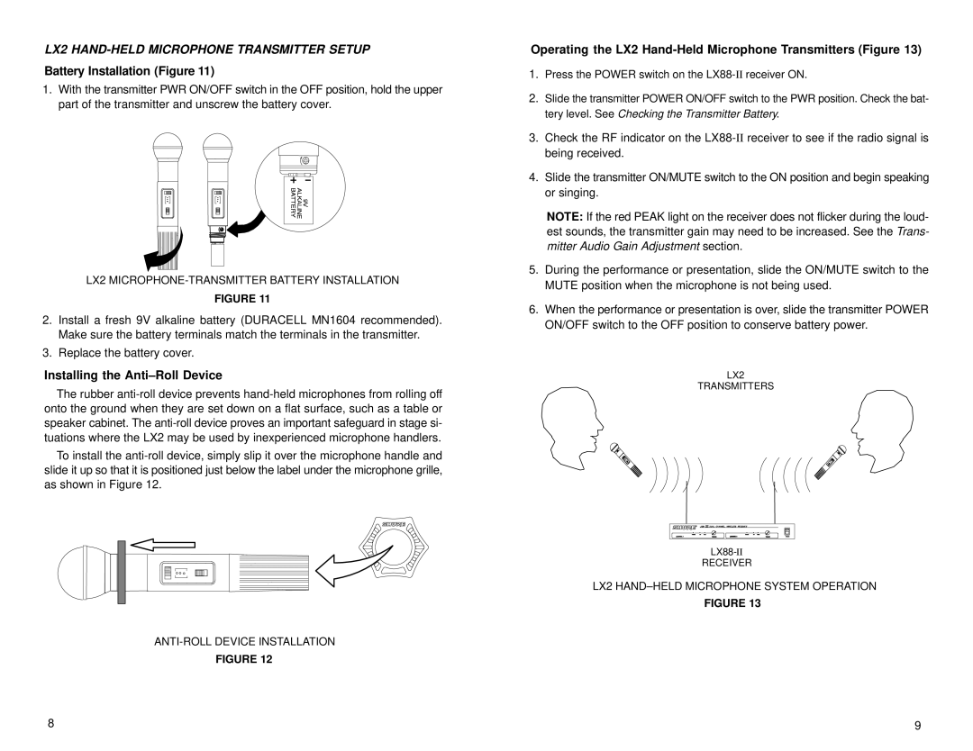 Shure LX88-II LX2 HAND-HELD Microphone Transmitter Setup, Battery Installation Figure, Installing the Anti±Roll Device 