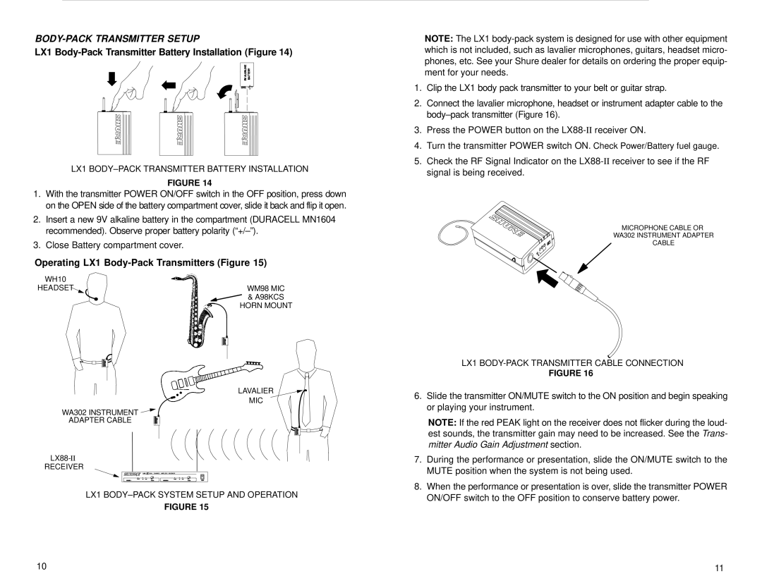 Shure LX88-II manual BODY-PACK Transmitter Setup, LX1 Body-Pack Transmitter Battery Installation Figure 