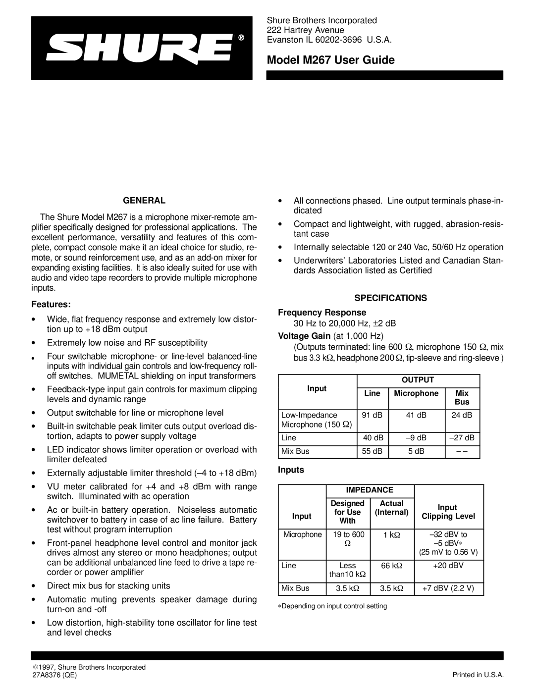 Shure M267 specifications General, Specifications 