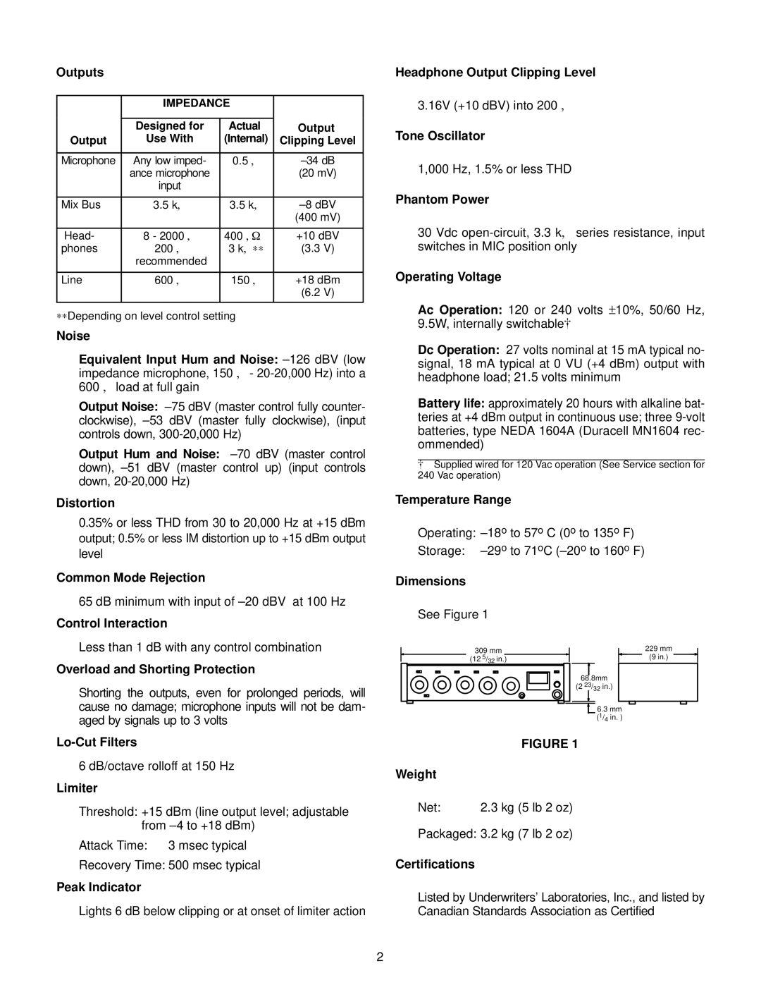 Shure M267 Outputs, Distortion, Common Mode Rejection, Control Interaction, Overload and Shorting Protection, Limiter 