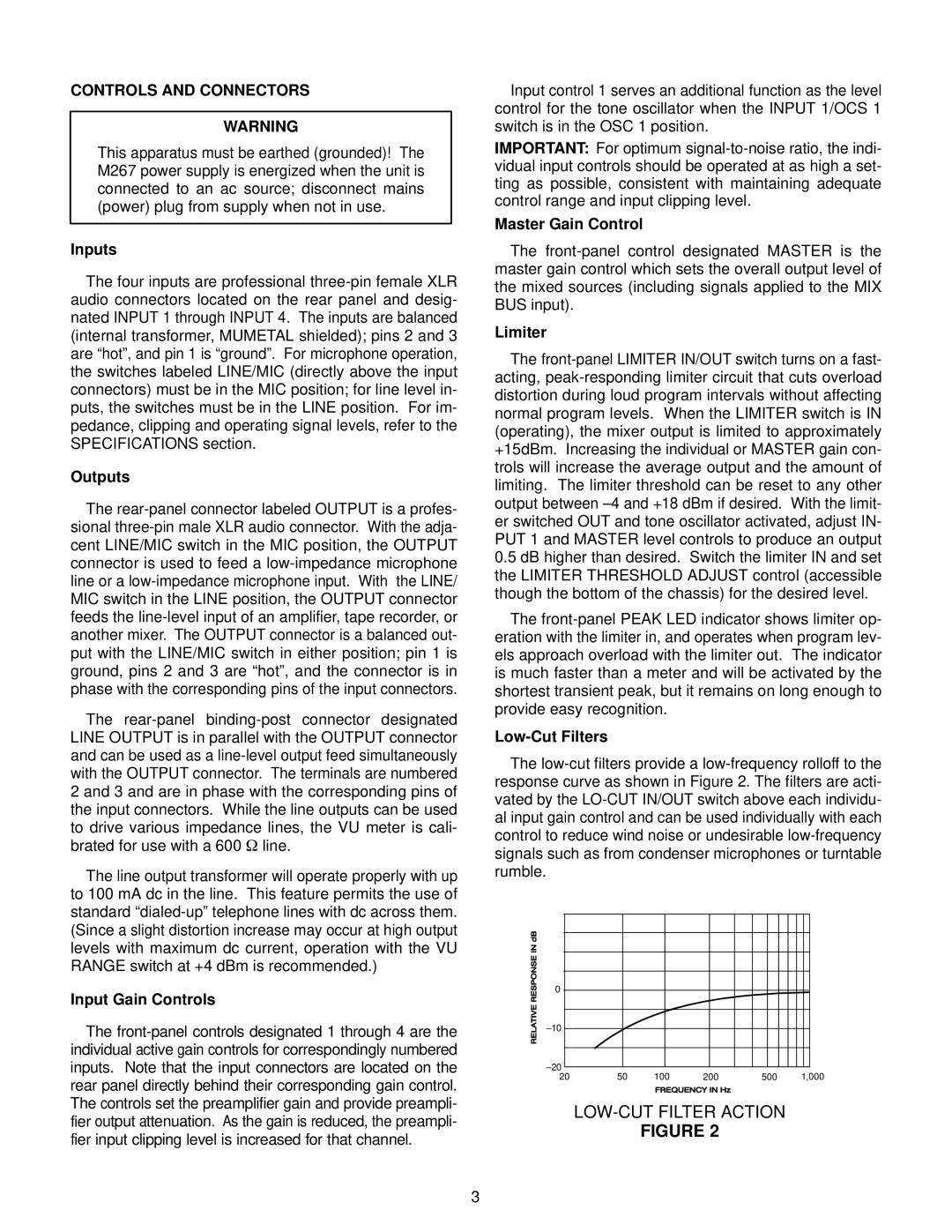 Shure M267 specifications Controls and Connectors, Input Gain Controls, Master Gain Control, Low-Cut Filters 