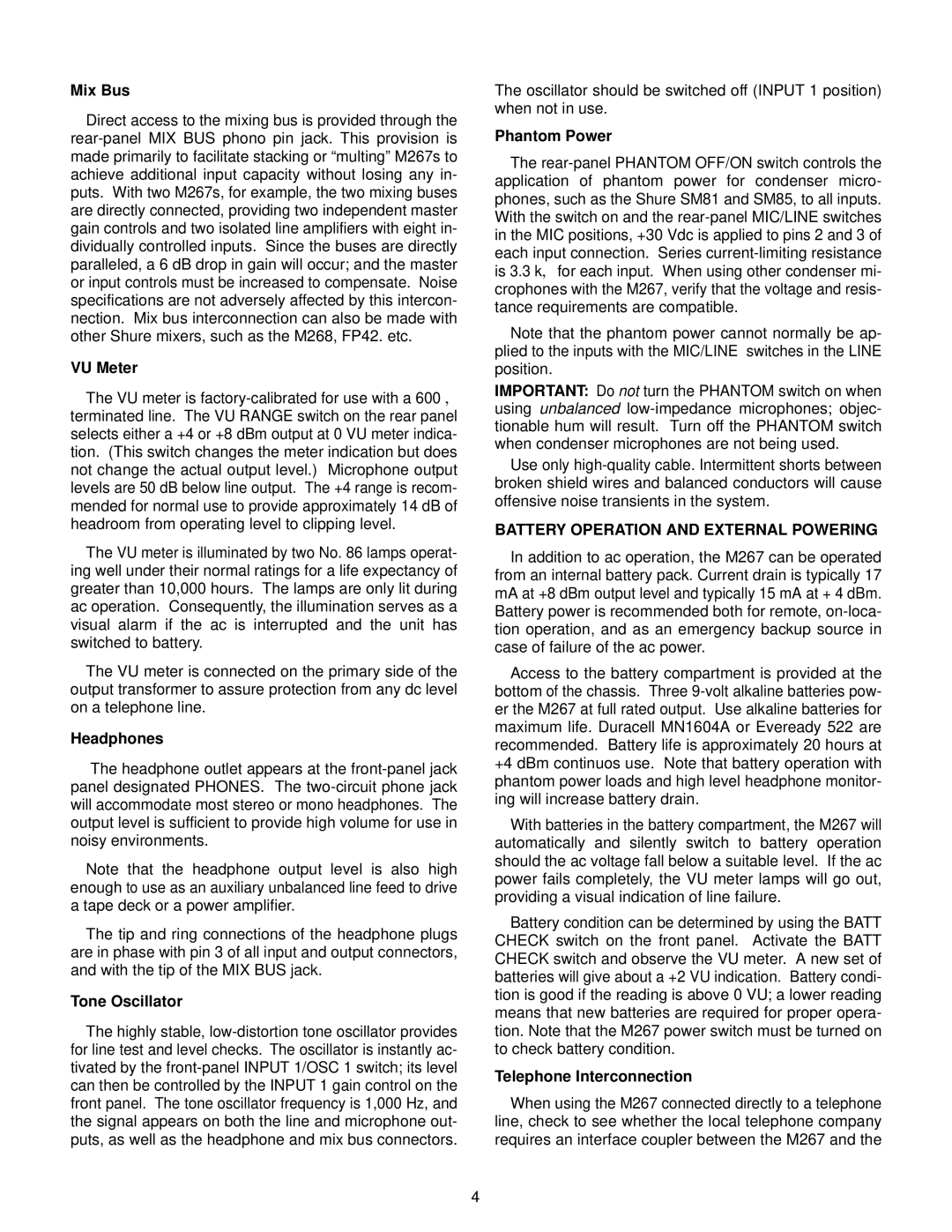 Shure M267 specifications Mix Bus, VU Meter, Headphones, Battery Operation and External Powering, Telephone Interconnection 