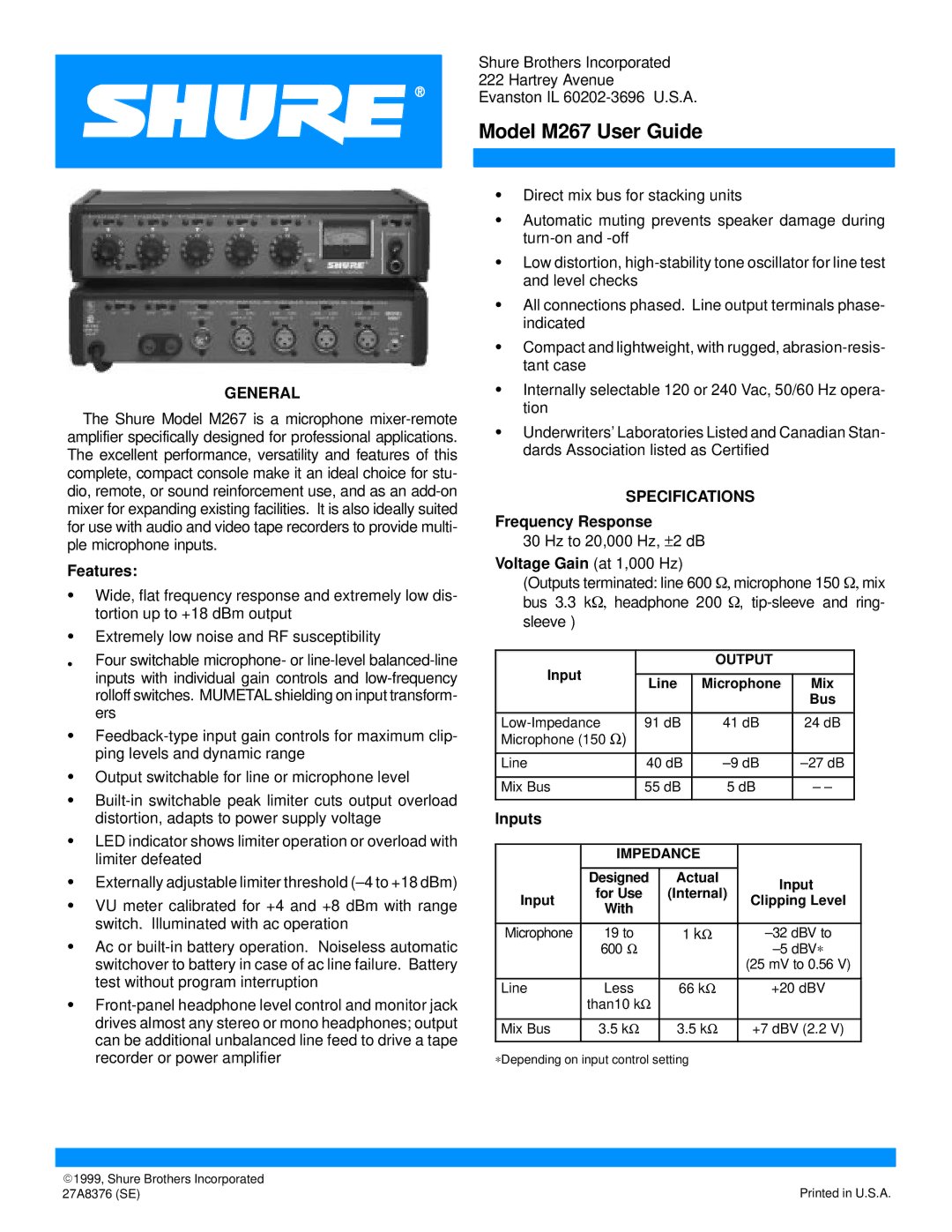 Shure M267 specifications General, Specifications 