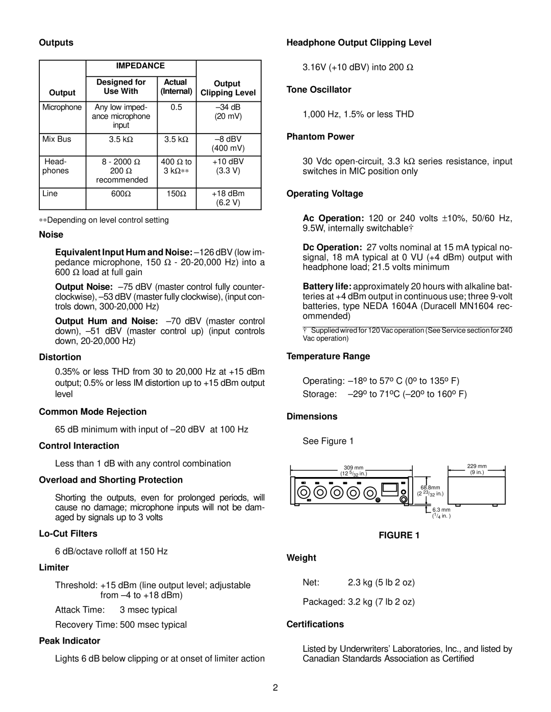 Shure M267 Outputs, Distortion, Common Mode Rejection, Headphone Output Clipping Level, Tone Oscillator, Phantom Power 