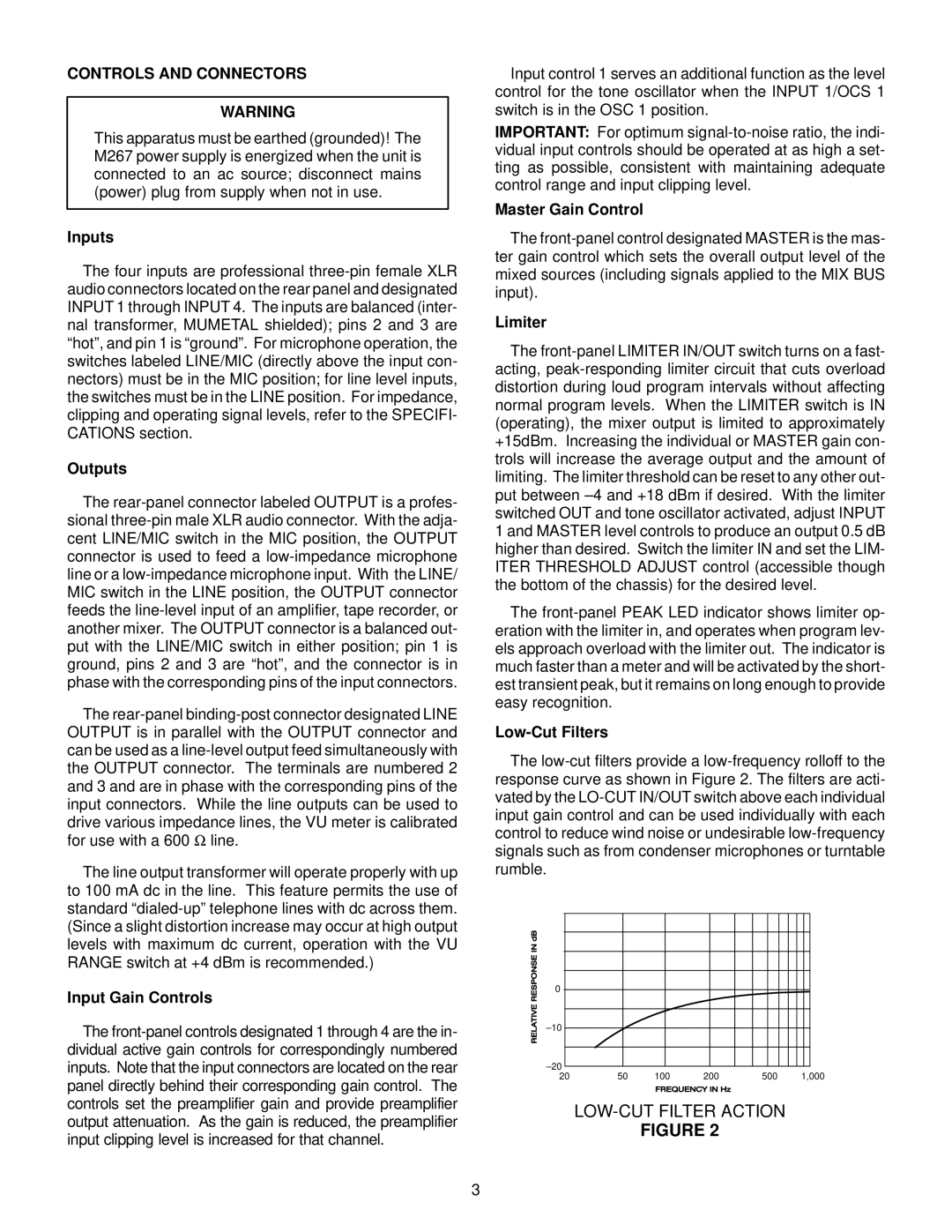 Shure M267 LOW-CUT Filter Action, Controls and Connectors, Input Gain Controls, Master Gain Control, Low-Cut Filters 