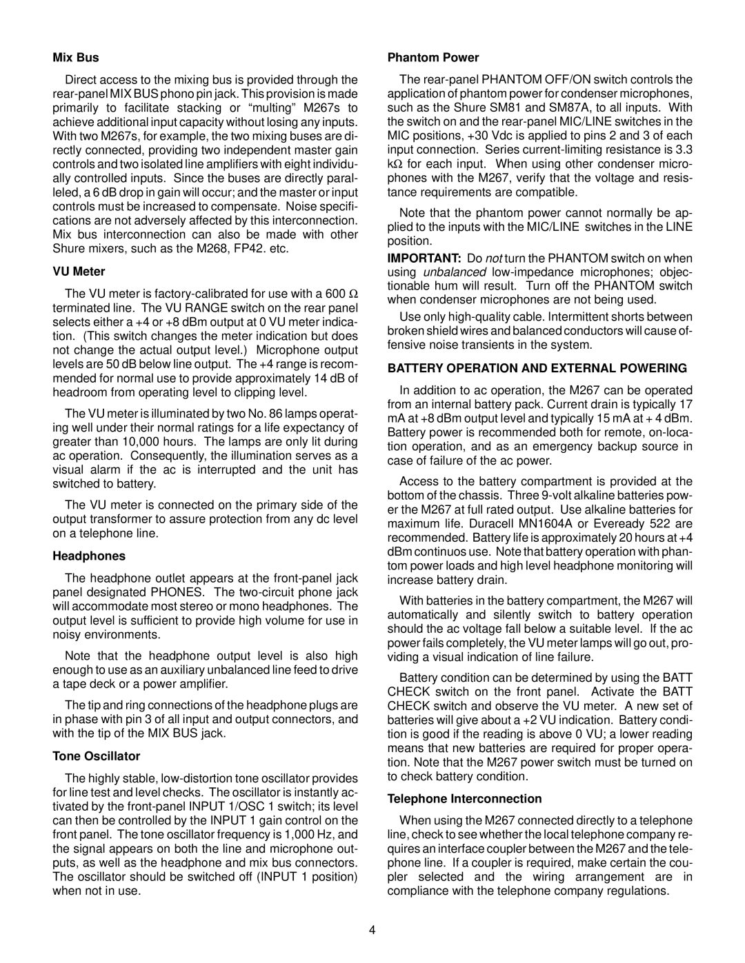 Shure M267 specifications Mix Bus, VU Meter, Headphones, Battery Operation and External Powering, Telephone Interconnection 