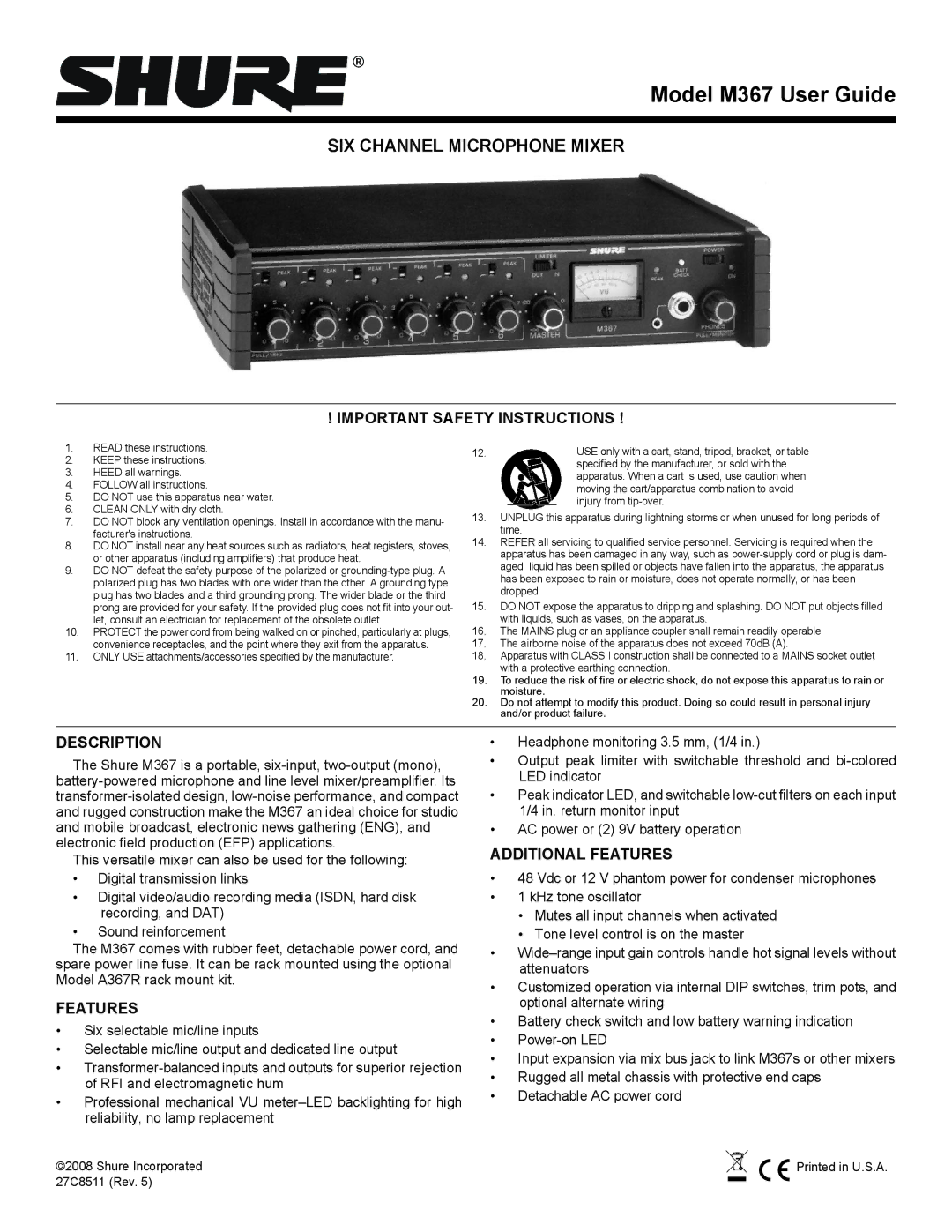 Shure M367 important safety instructions SIX Channel Microphone Mixer, Important Safety Instructions, Description 