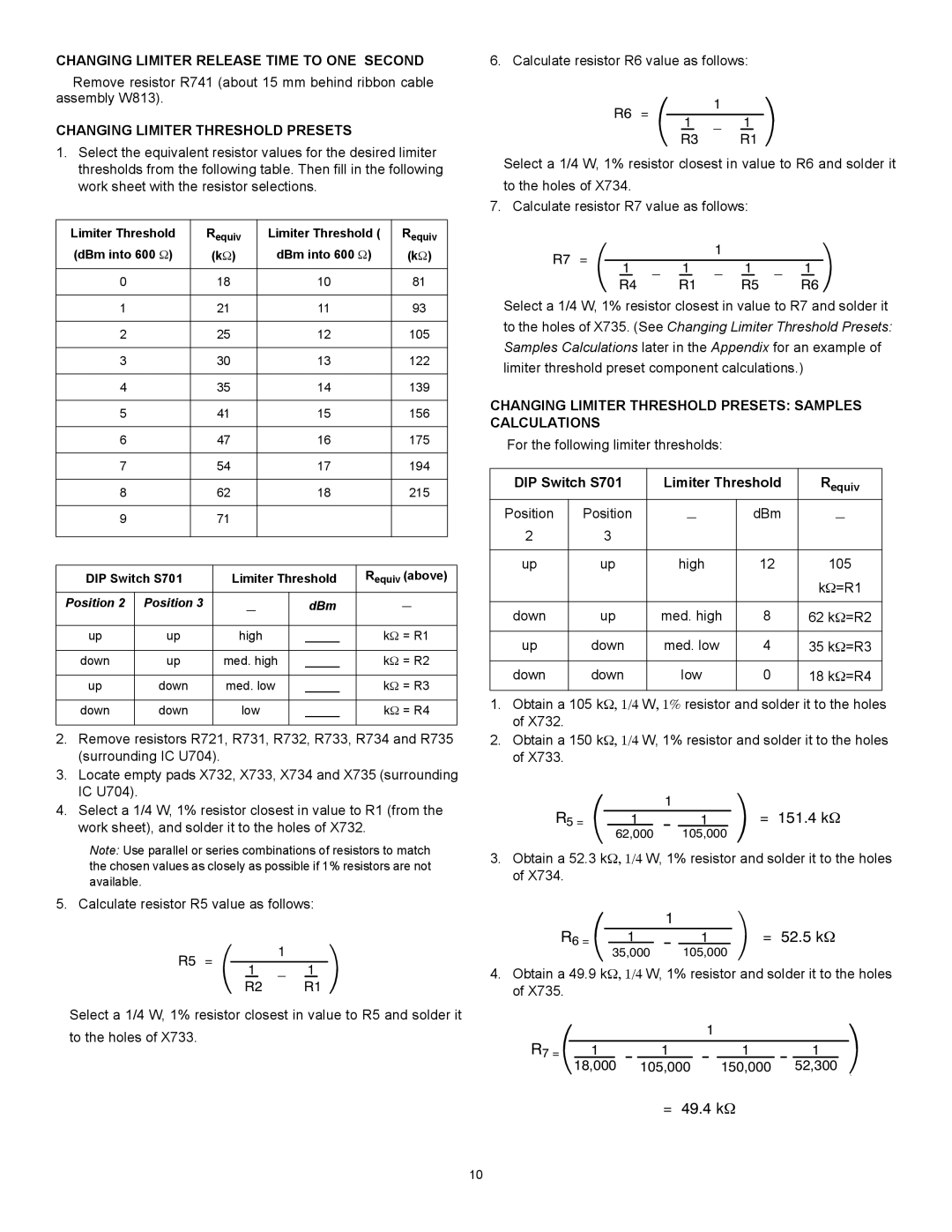 Shure M367 important safety instructions Changing Limiter Release Time to ONE Second, Changing Limiter Threshold Presets 