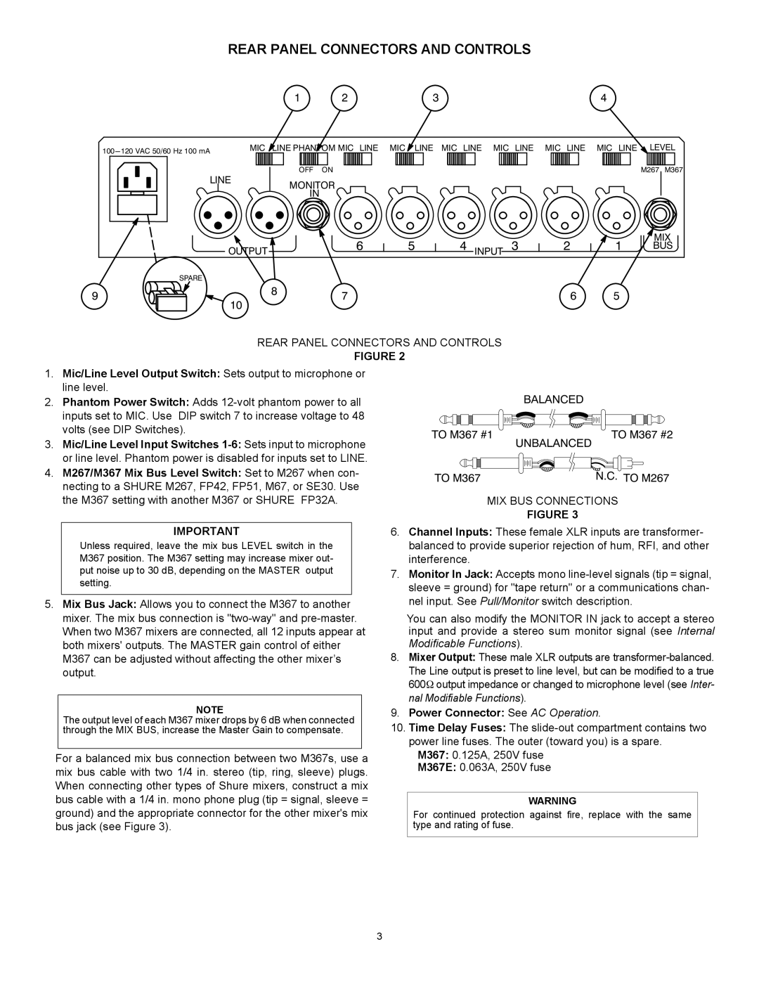 Shure M367 Rear Panel Connectors and Controls, MIX BUS Connections, Power Connector See AC Operation 