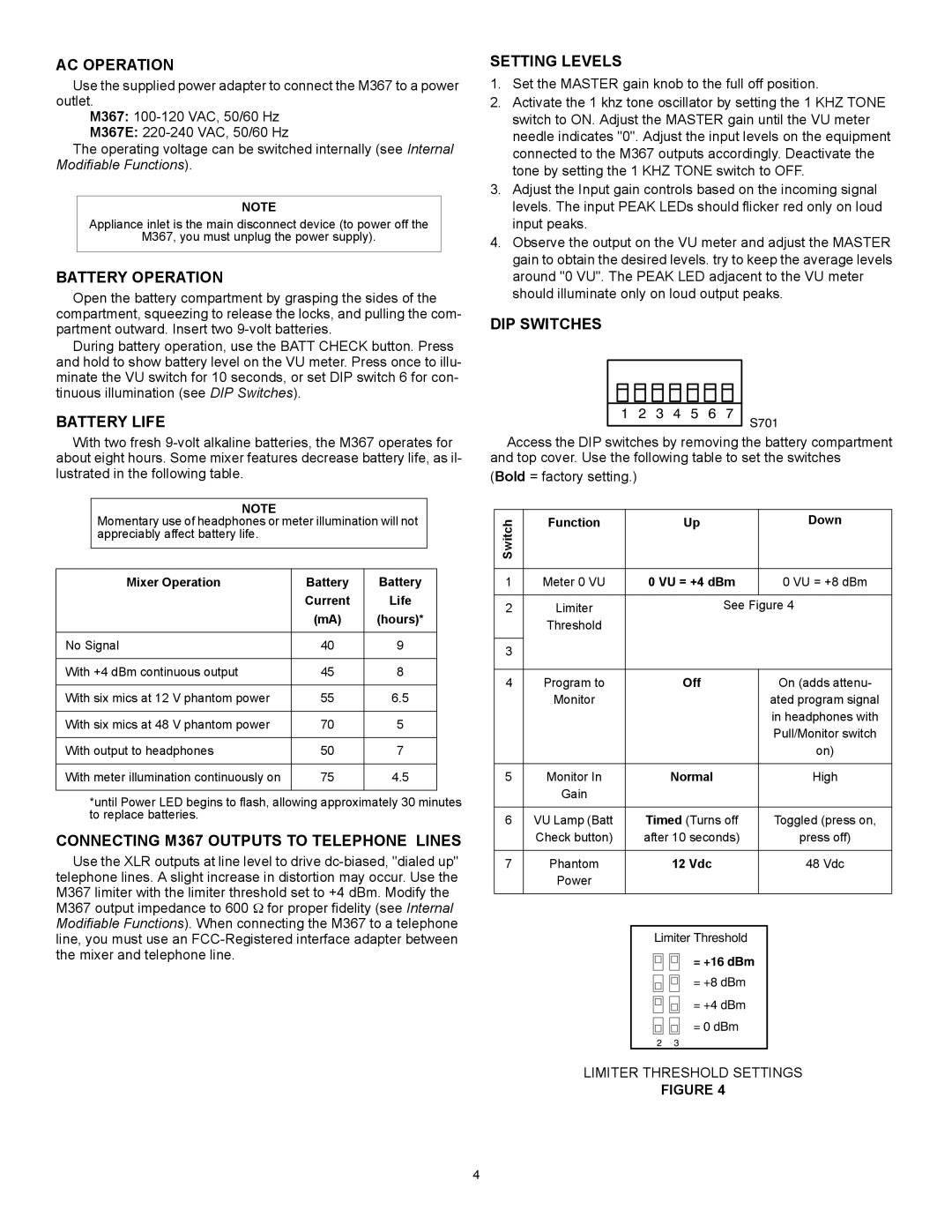 Shure AC Operation, Battery Operation, Battery Life, Connecting M367 Outputs to Telephone Lines, Setting Levels 