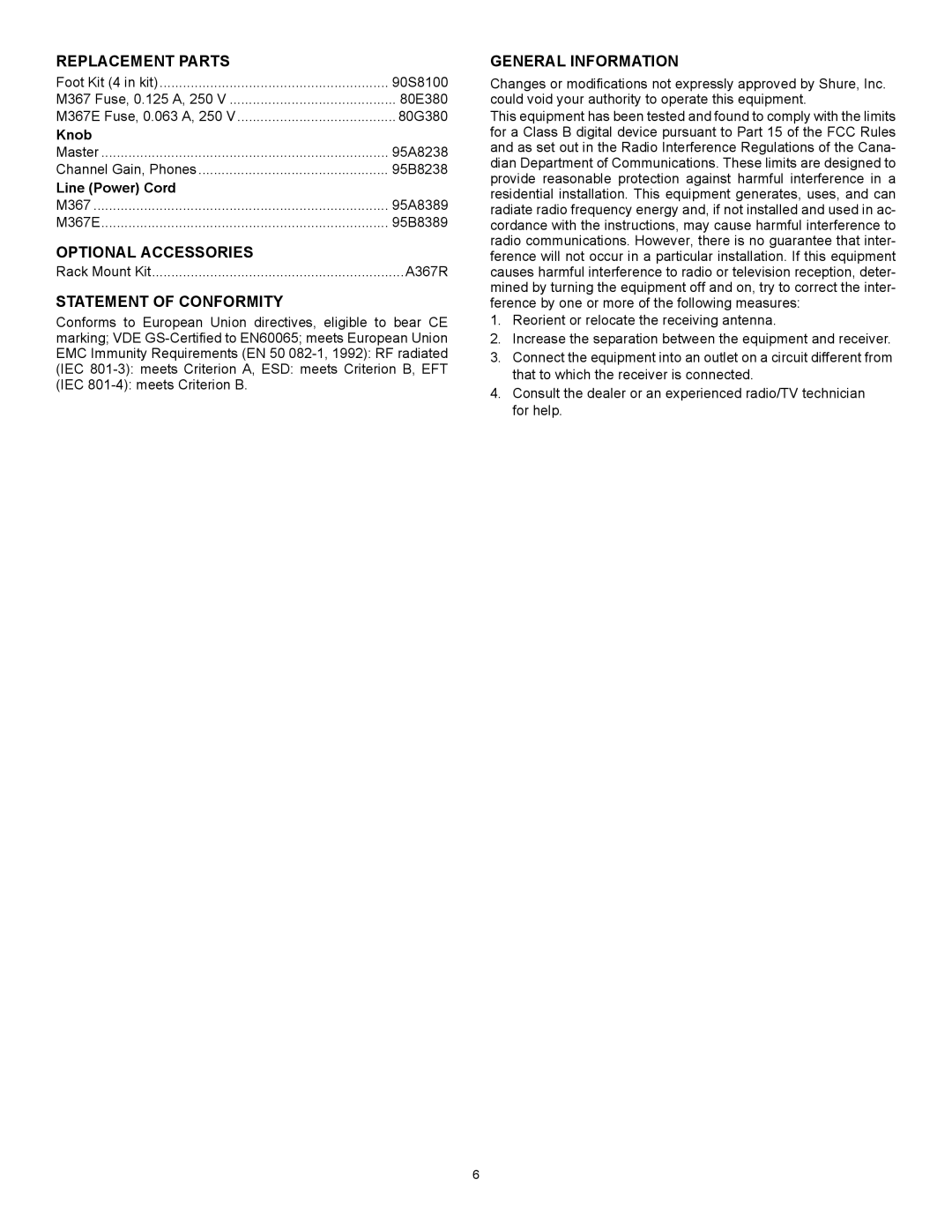 Shure M367 Replacement Parts, Optional Accessories, Statement of Conformity, General Information 