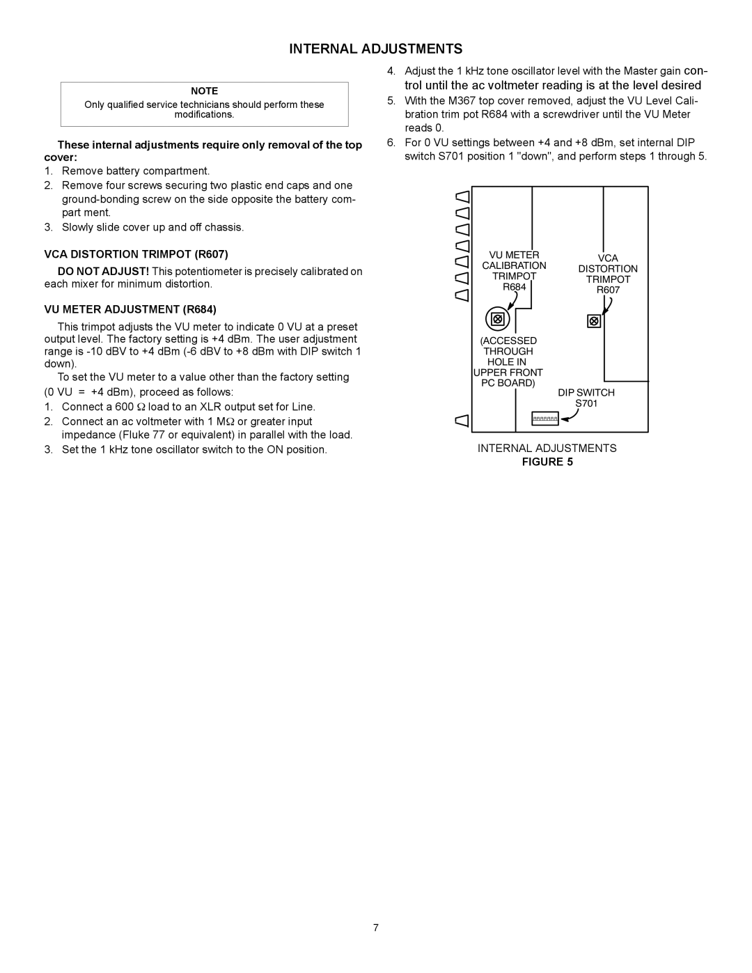 Shure M367 important safety instructions Internal Adjustments, VCA Distortion Trimpot R607, VU Meter Adjustment R684 