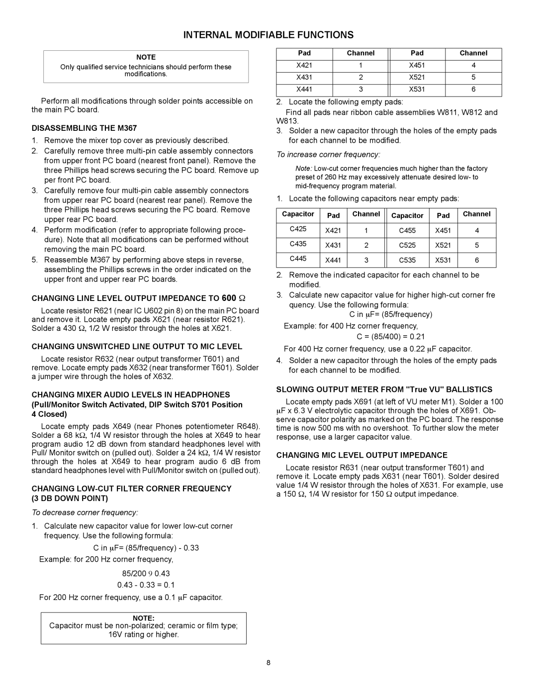 Shure M367 important safety instructions Internal Modifiable Functions 