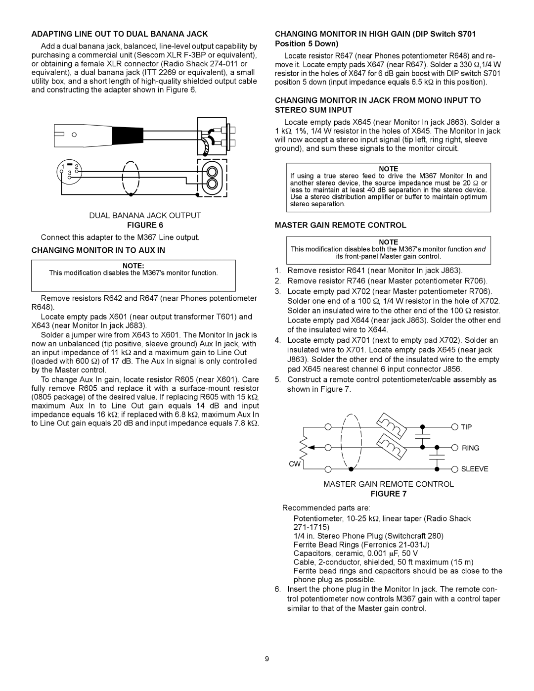 Shure M367 Adapting Line OUT to Dual Banana Jack, Dual Banana Jack Output, Changing Monitor in to AUX 