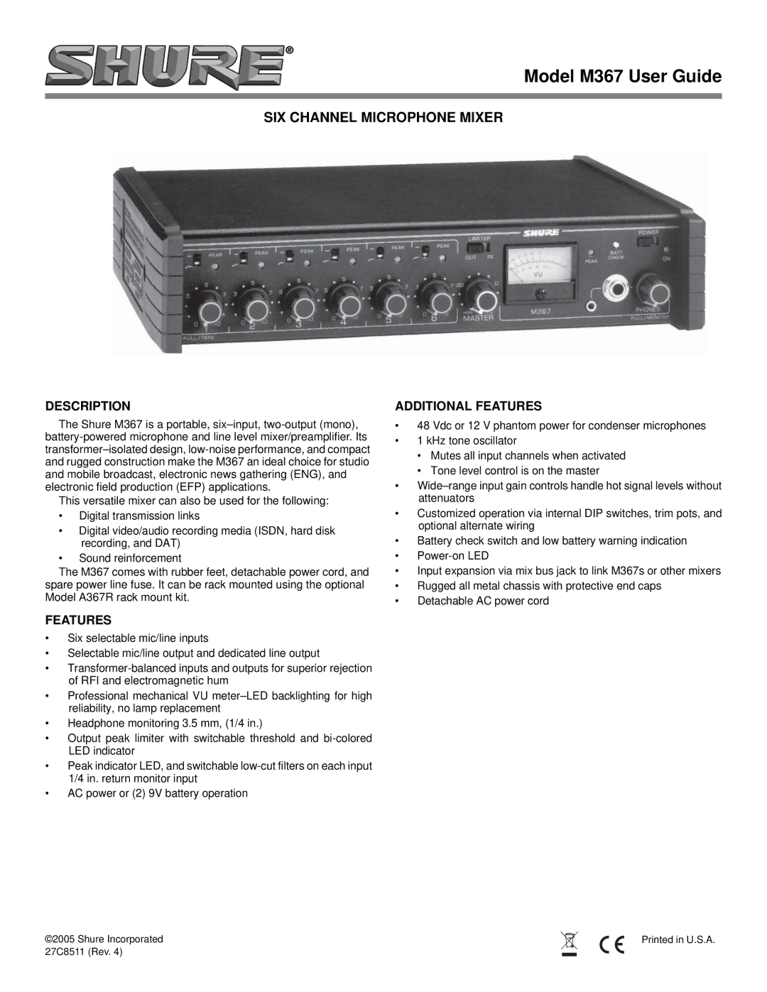 Shure M367 manual SIX Channel Microphone Mixer, Description, Additional Features 