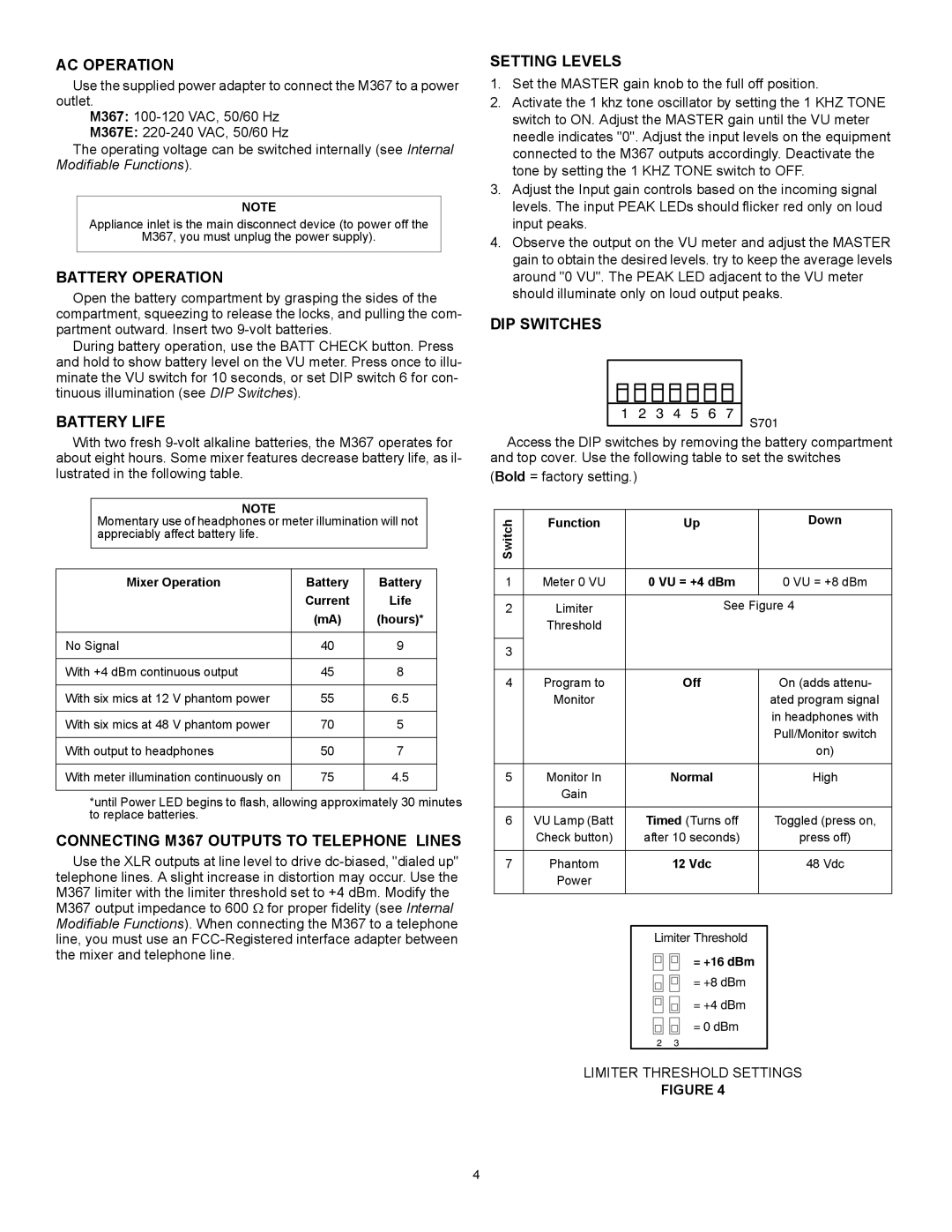 Shure manual AC Operation, Battery Operation, Battery Life, Connecting M367 Outputs to Telephone Lines, Setting Levels 