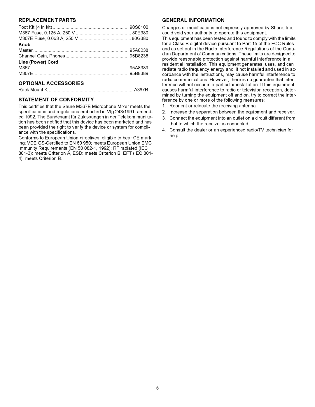 Shure M367 manual Replacement Parts, Optional Accessories, Statement of Conformity, General Information 