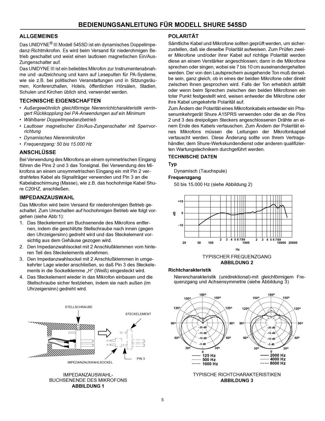 Shure M545SD specifications Allgemeines, Technische Eigenschaften, Anschlüsse, Impedanzauswahl, Polarität 