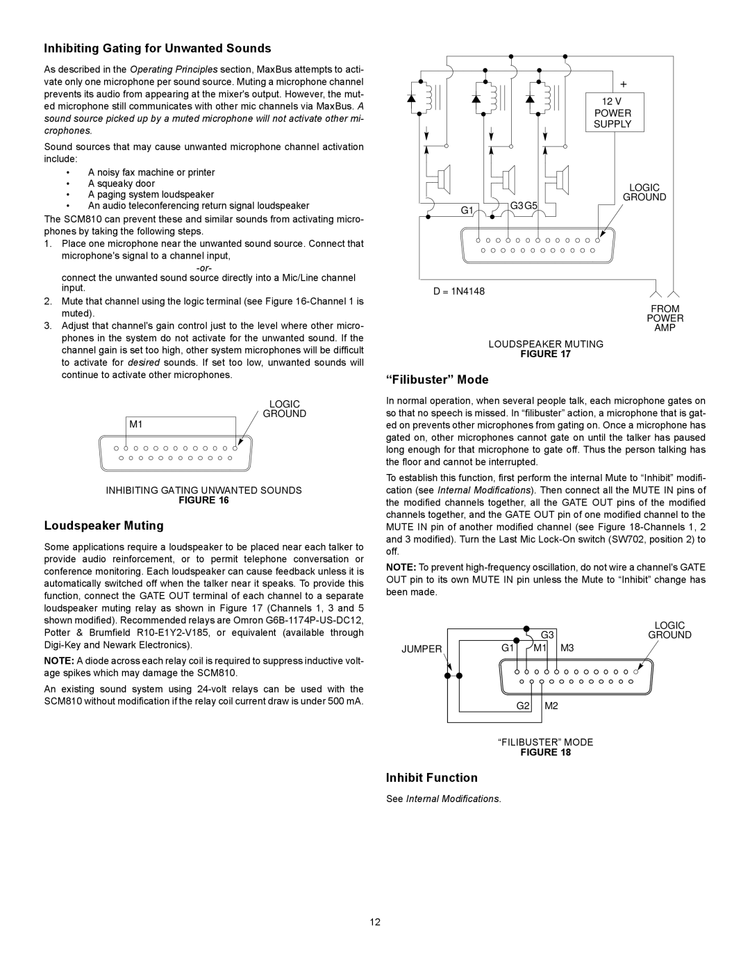 Shure M810E manual Inhibiting Gating for Unwanted Sounds, Loudspeaker Muting, Filibuster Mode, Inhibit Function 